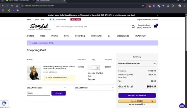 Sam Ash checkout page showing Sam Ash promo code box | Screenshot taken by SimplyCodes community member on Jul 3, 2025