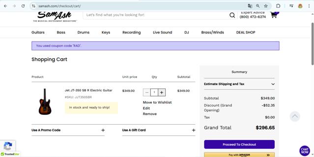 Sam Ash checkout page showing Sam Ash promo code box | Screenshot taken by SimplyCodes community member on Jun 13, 2025