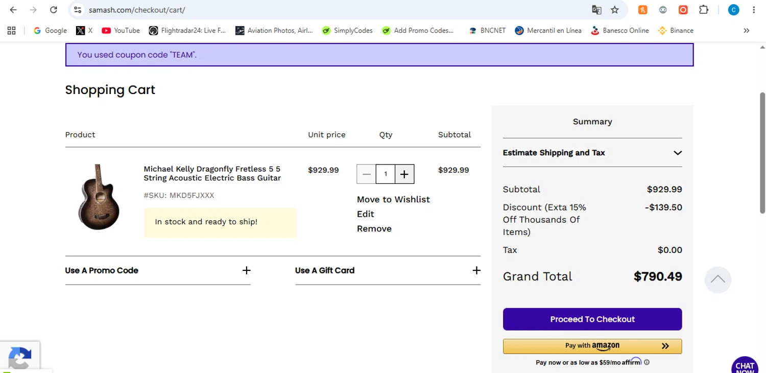 Sam Ash promo code screenshot showing code TEAM applied at Sam Ash checkout page. Uploaded by SimplyCodes community member victor on Jun 22, 2026