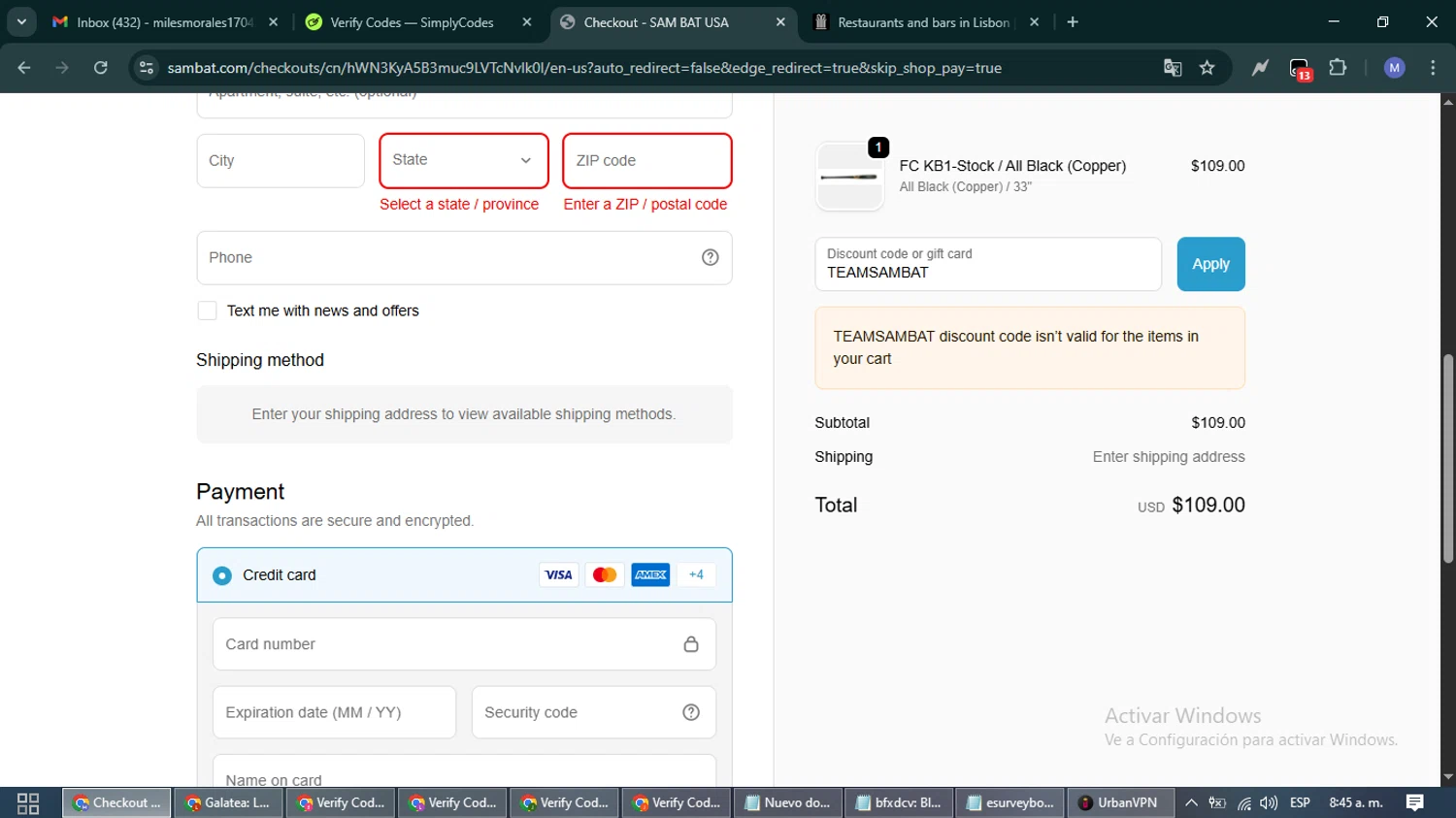 Sam Bat discount code screenshot showing code TEAMSAMBAT applied at Sam Bat checkout page. Uploaded by SimplyCodes community member PrimeFox5260 on Sep 24, 2025