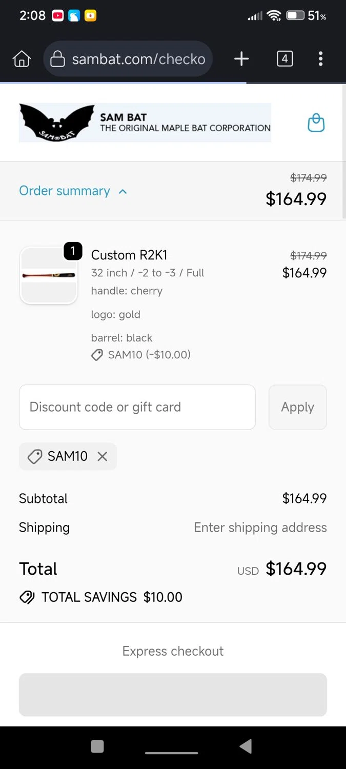 Sam Bat discount code screenshot showing code SAM10 applied at Sam Bat checkout page. Uploaded by SimplyCodes community member cuenta03 on Sep 24, 2025
