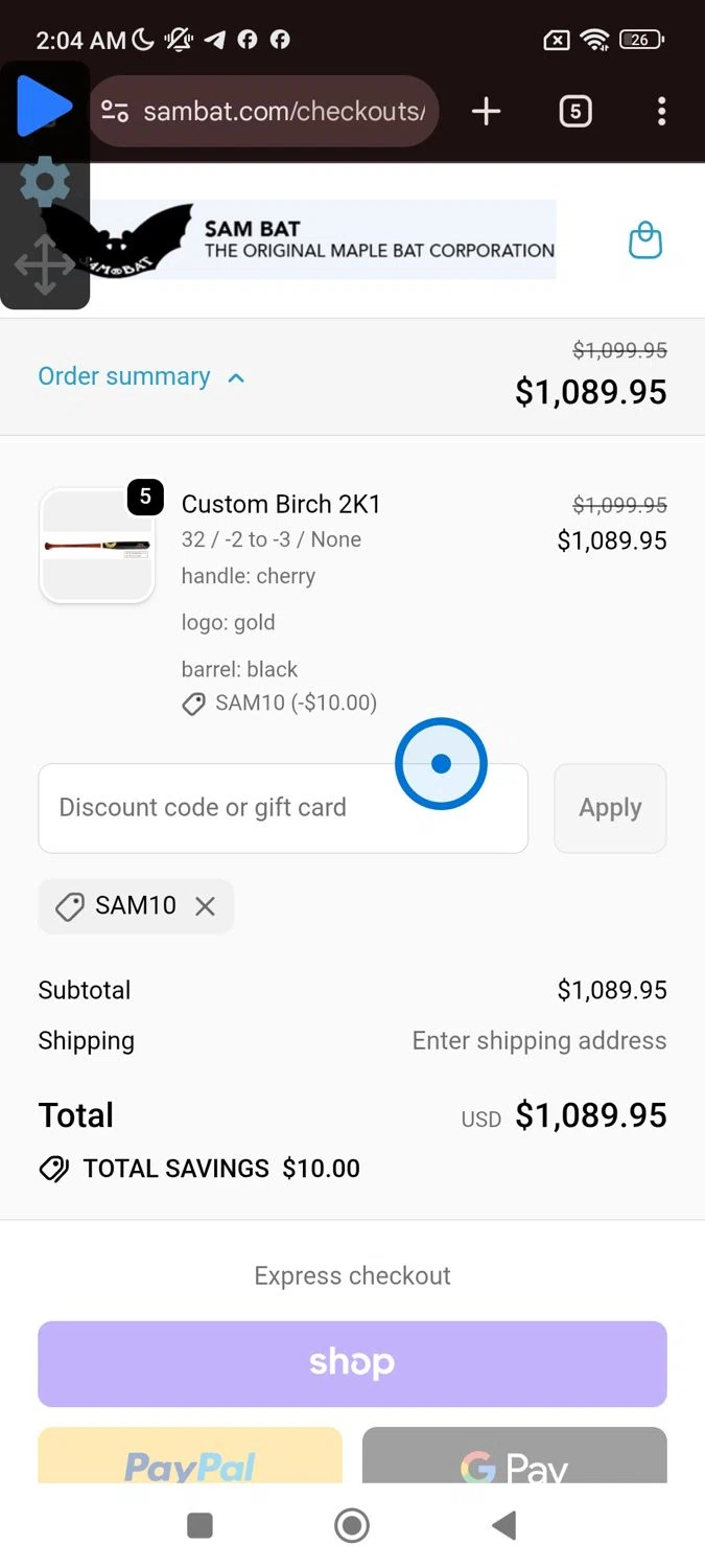 Sam Bat discount code screenshot showing code SAM10 applied at Sam Bat checkout page. Uploaded by SimplyCodes community member widdyto on Oct 6, 2025