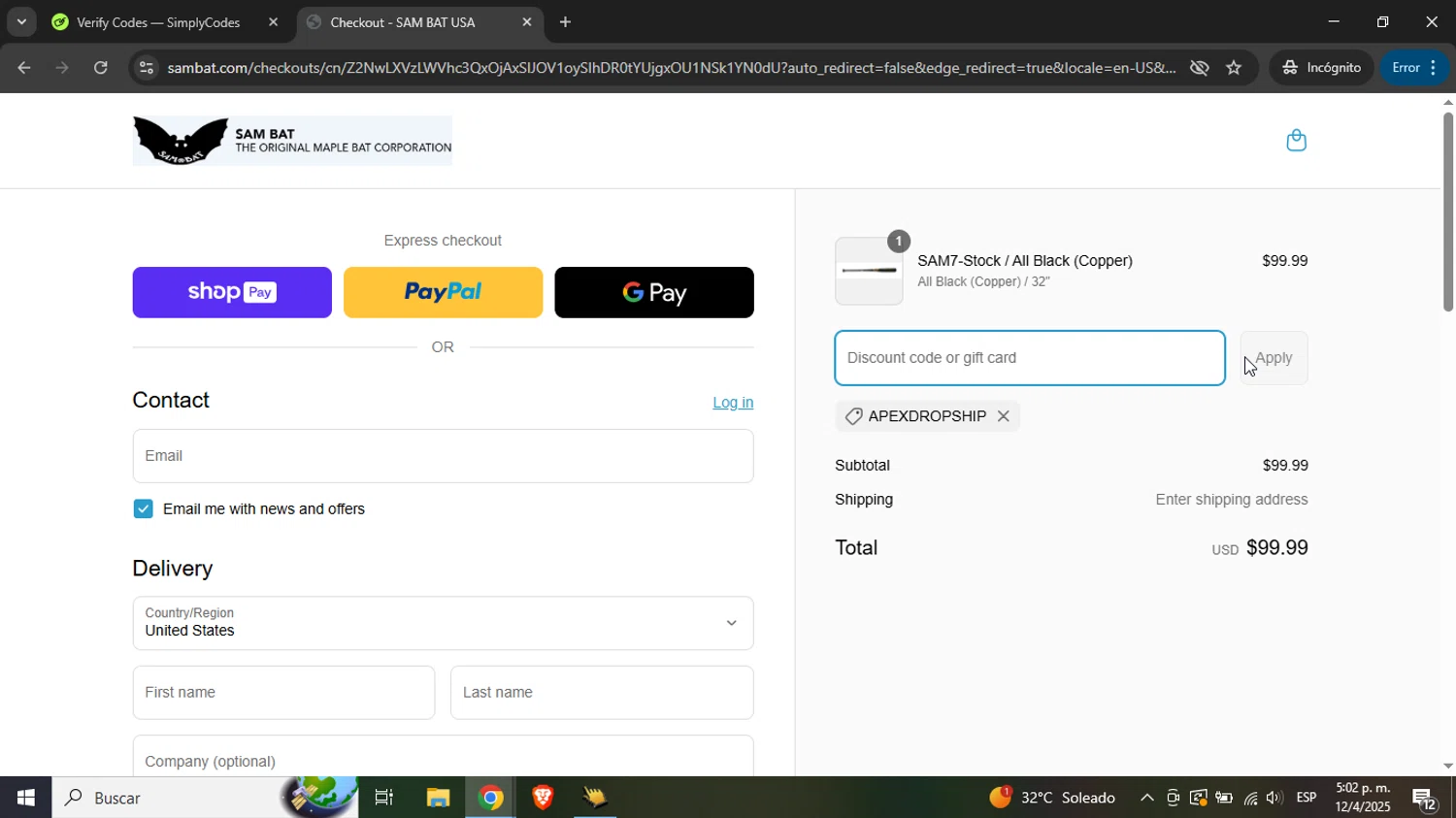Sam Bat discount code screenshot showing code APEXDROPSHIP applied at Sam Bat checkout page. Uploaded by SimplyCodes community member Mujerdejunnior on Apr 12, 2025