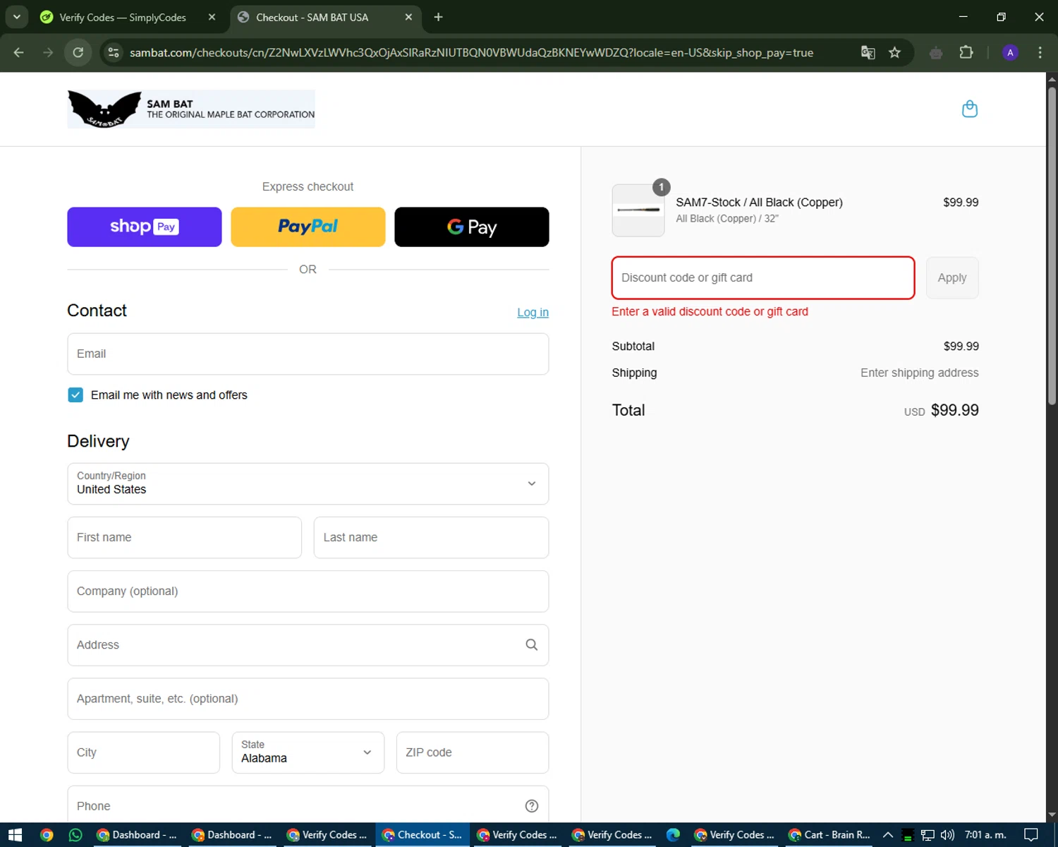 Sam Bat discount code screenshot showing code APEXDROPSHIP applied at Sam Bat checkout page. Uploaded by SimplyCodes community member MagnificentWarden4603 on May 11, 2025