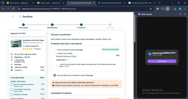 SamBoat checkout page showing SamBoat discount code box | Screenshot taken by SimplyCodes community member on Jun 27, 2025
