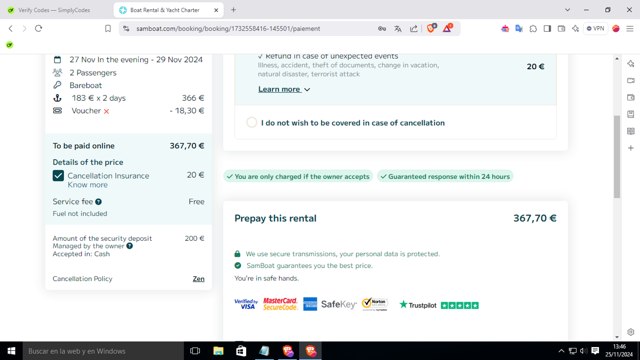 SamBoat checkout page showing SamBoat discount code box | Screenshot taken by SimplyCodes community member on Nov 25, 2024