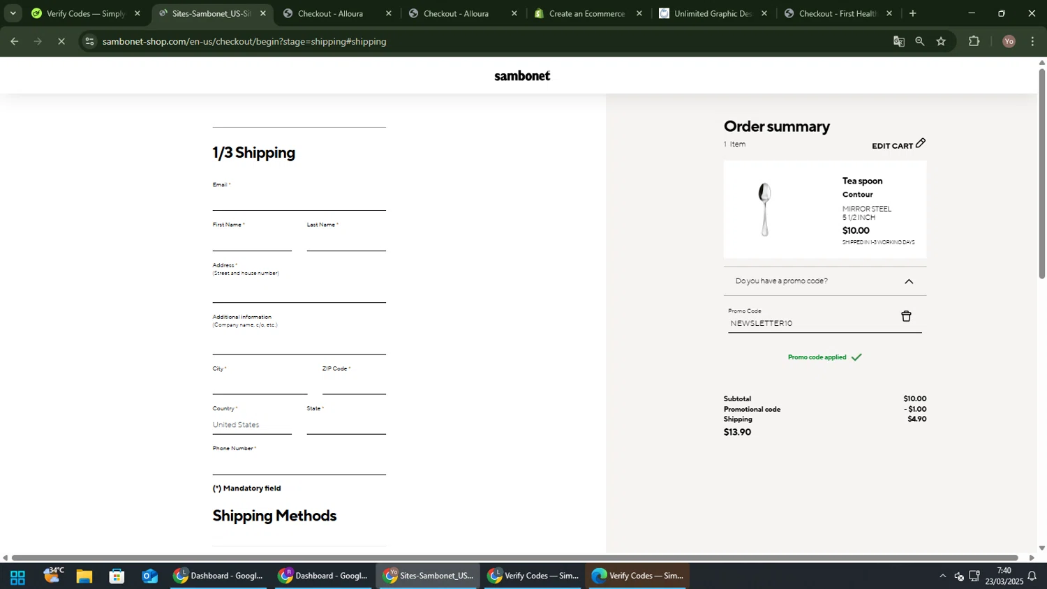 Sambonet promo code screenshot showing code NEWSLETTER10 applied at Sambonet checkout page. Uploaded by SimplyCodes community member ElCazarecompensas on Mar 23, 2025