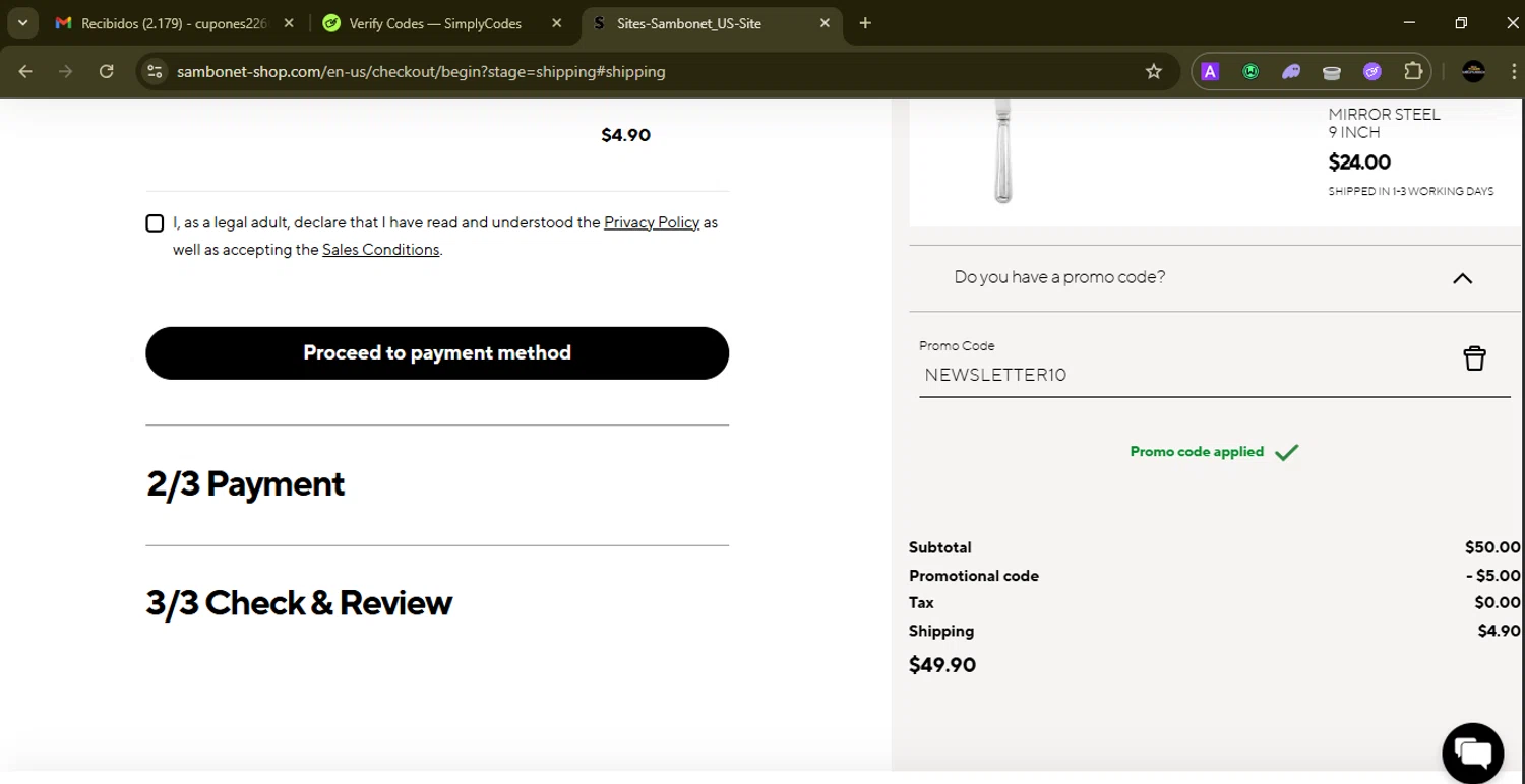 Sambonet promo code screenshot showing code NEWSLETTER10 applied at Sambonet checkout page. Uploaded by SimplyCodes community member SilverMonarch6357 on Sep 13, 2025