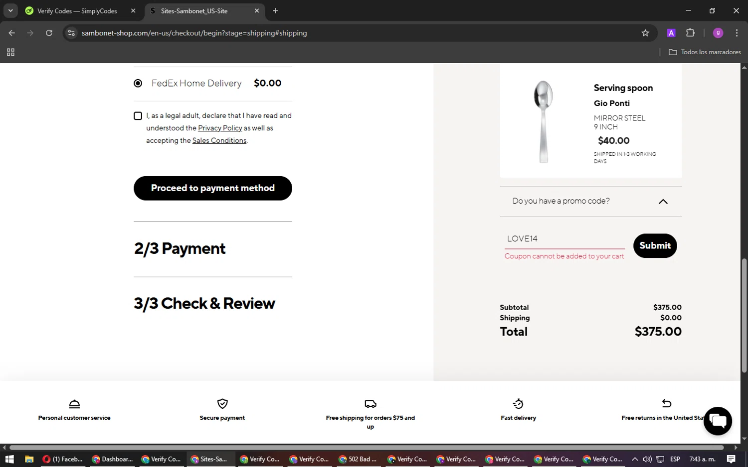 Sambonet promo code screenshot showing code LOVE14 applied at Sambonet checkout page. Uploaded by SimplyCodes community member DealPilot7721 on Mar 11, 2025