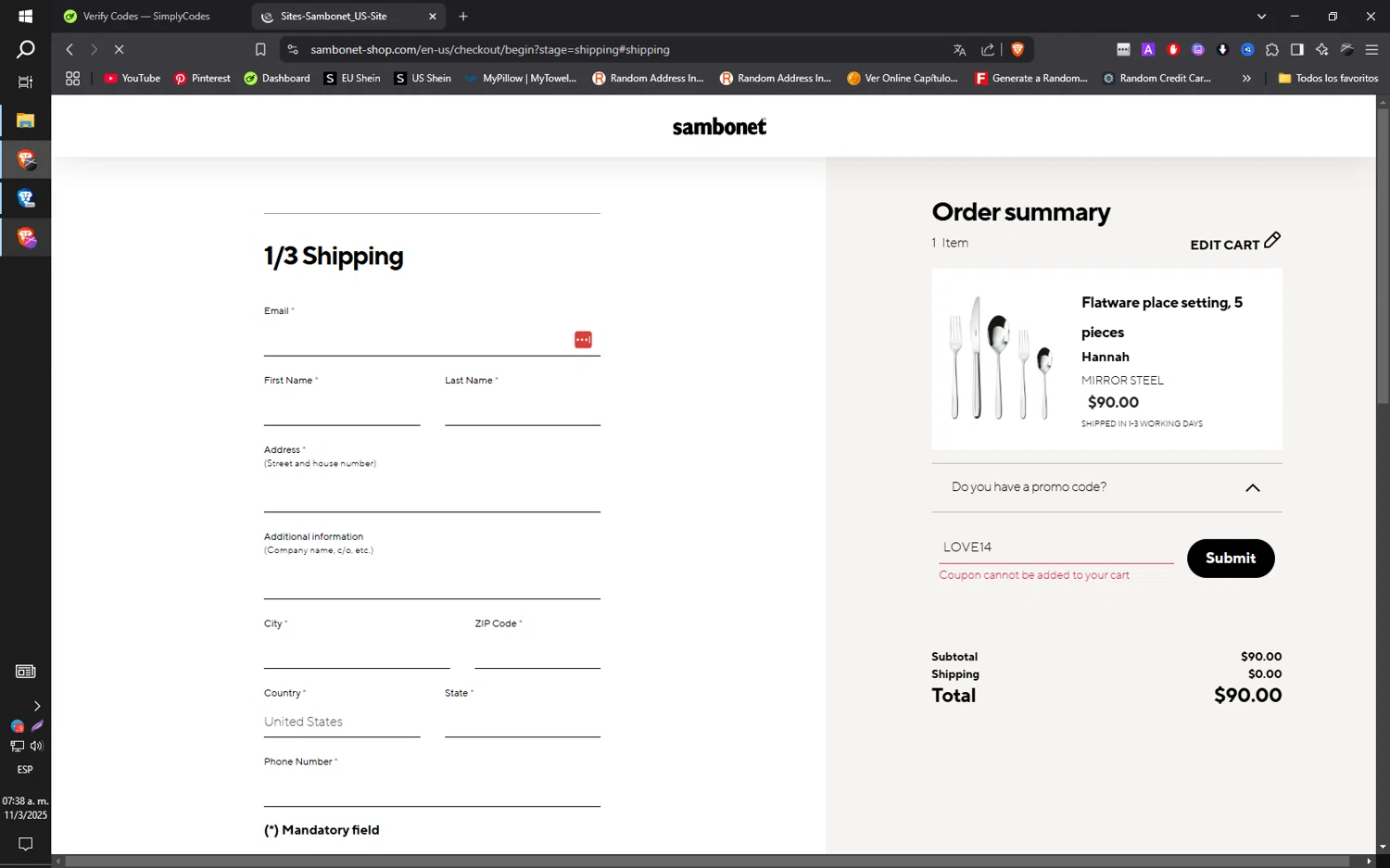Sambonet promo code screenshot showing code LOVE14 applied at Sambonet checkout page. Uploaded by SimplyCodes community member ilarrazaM1 on Mar 11, 2025