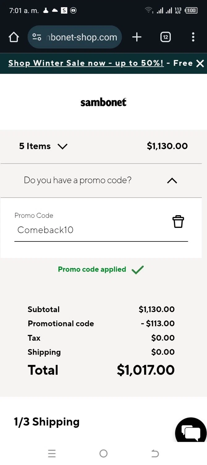 Sambonet promo code screenshot showing code Comeback10 applied at Sambonet checkout page. Uploaded by SimplyCodes community member MightyBoss5795 on Dec 29, 2025