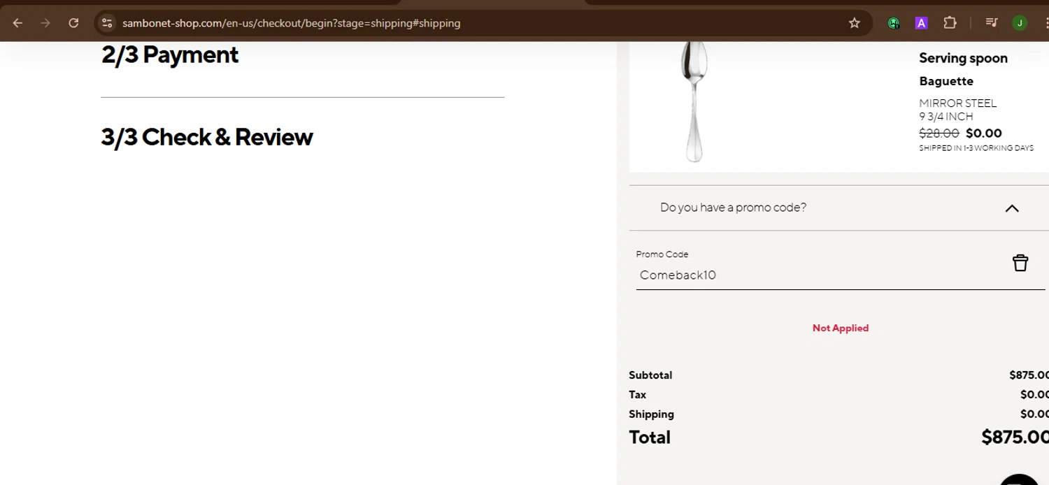 Sambonet promo code screenshot showing code Comeback10 applied at Sambonet checkout page. Uploaded by SimplyCodes community member SnoopDogg on Oct 12, 2025