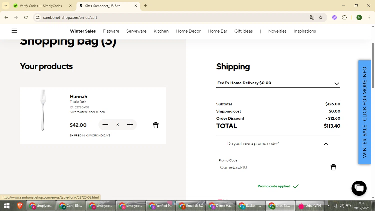 Sambonet promo code screenshot showing code Comeback10 applied at Sambonet checkout page. Uploaded by SimplyCodes community member loversuper on Dec 29, 2025
