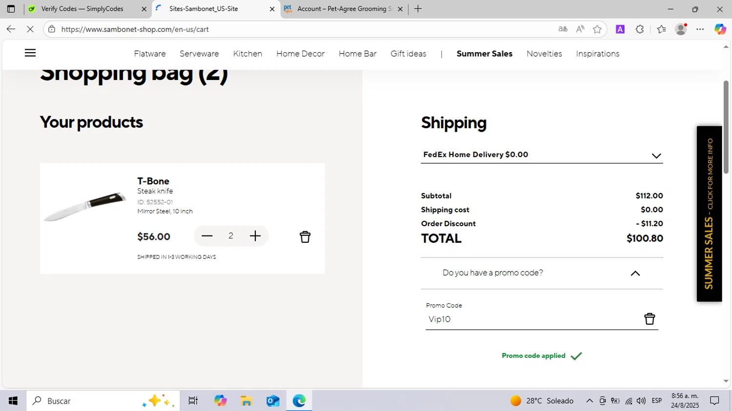 Sambonet promo code screenshot showing code Vip10 applied at Sambonet checkout page. Uploaded by SimplyCodes community member DiscountCurator2907 on Aug 24, 2025
