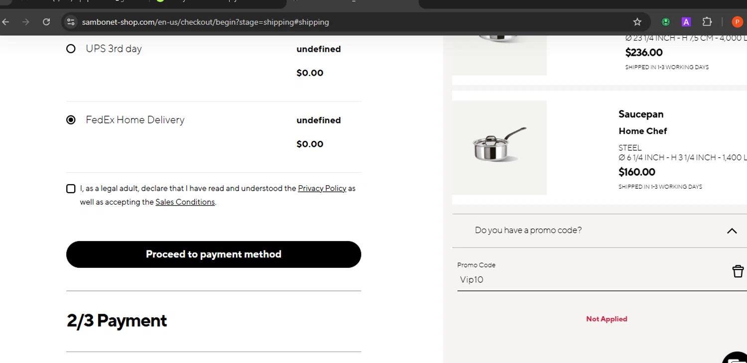 Sambonet promo code screenshot showing code Vip10 applied at Sambonet checkout page. Uploaded by SimplyCodes community member Eminem on Aug 24, 2025