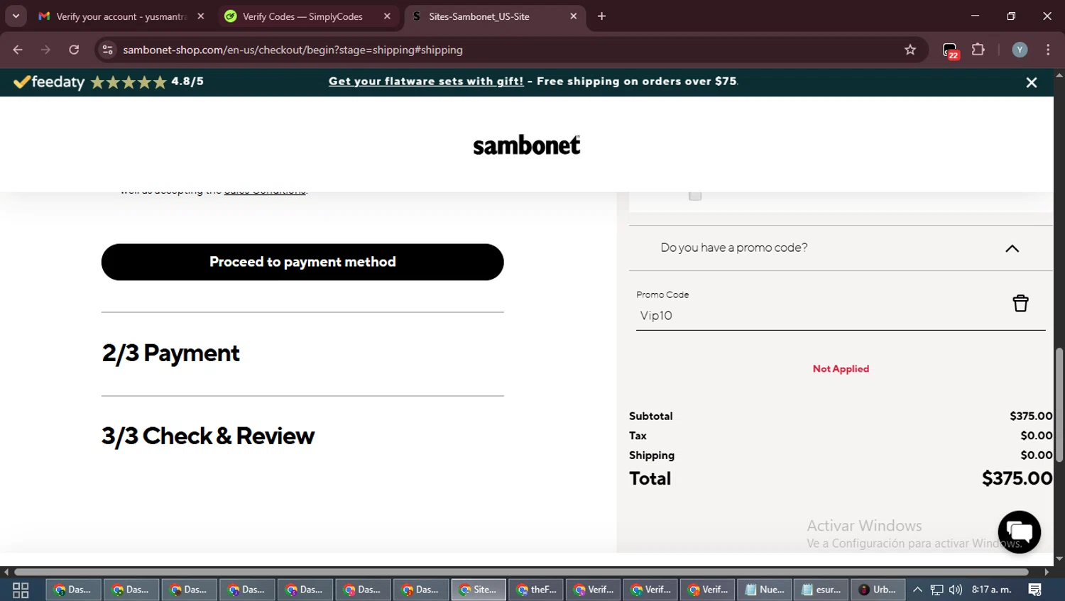 Sambonet promo code screenshot showing code Vip10 applied at Sambonet checkout page. Uploaded by SimplyCodes community member MoneyTiger5162 on Nov 19, 2025