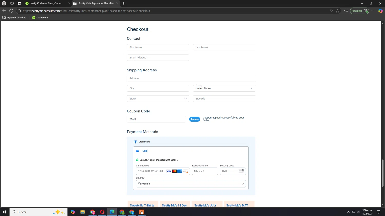 SamCart coupon code screenshot showing code 50off applied at SamCart checkout page. Uploaded by SimplyCodes community member Akatsuki on Feb 15, 2025