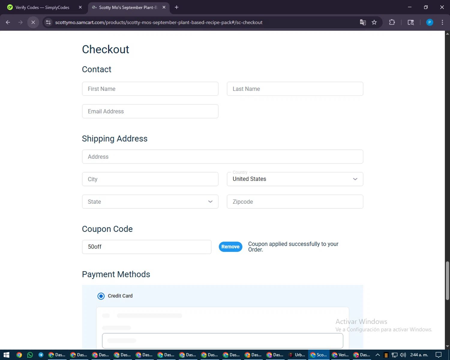 SamCart coupon code screenshot showing code 50off applied at SamCart checkout page. Uploaded by SimplyCodes community member juiceWRLD on Aug 26, 2025