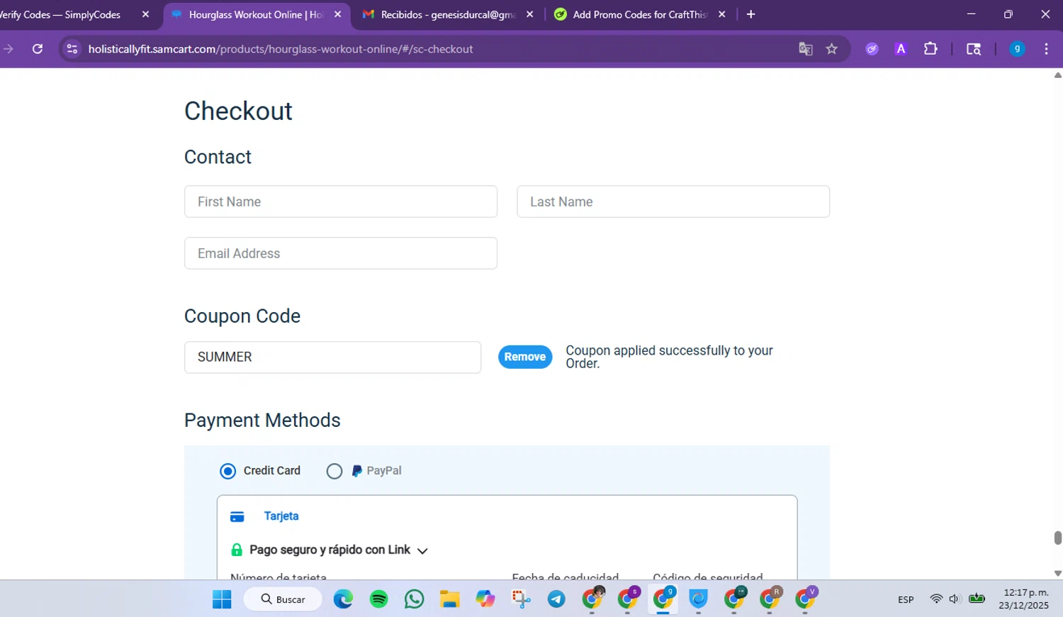 SamCart coupon code screenshot showing code SUMMER applied at SamCart checkout page. Uploaded by SimplyCodes community member FrugalVirtuoso6318 on Dec 23, 2025