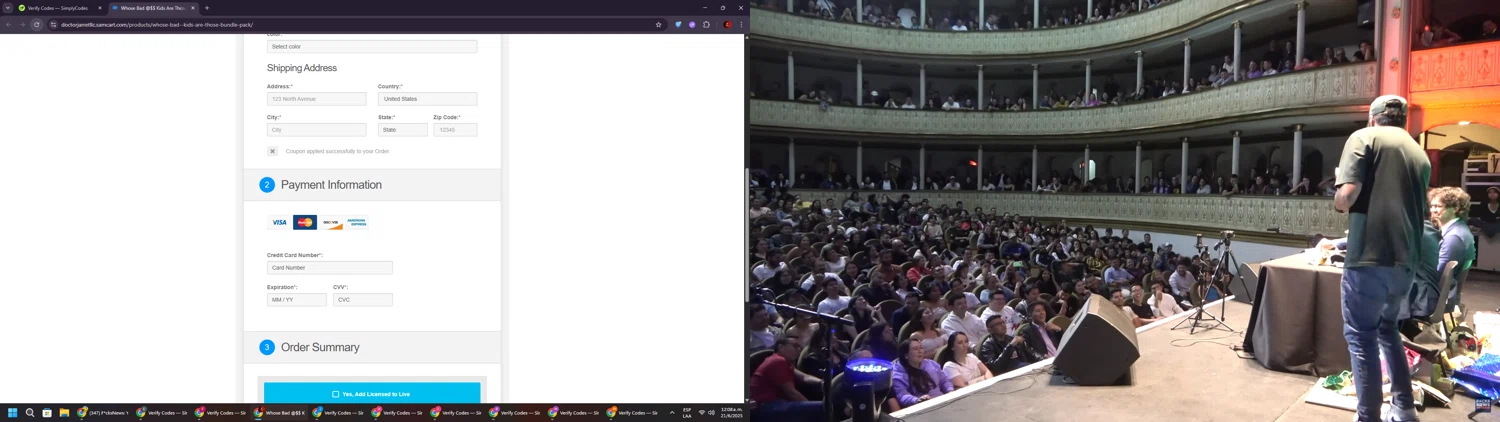 SamCart coupon code screenshot showing code badasskids applied at SamCart checkout page. Uploaded by SimplyCodes community member BrilliantSaver7516 on Jun 21, 2025