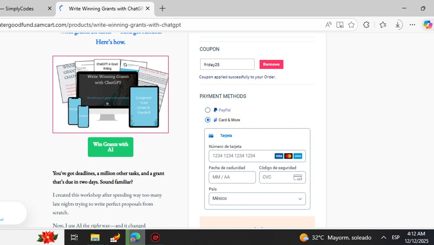 SamCart coupon code screenshot showing code friday25 applied at SamCart checkout page. Uploaded by SimplyCodes community member fhddfhfdhwert on Dec 12, 2025