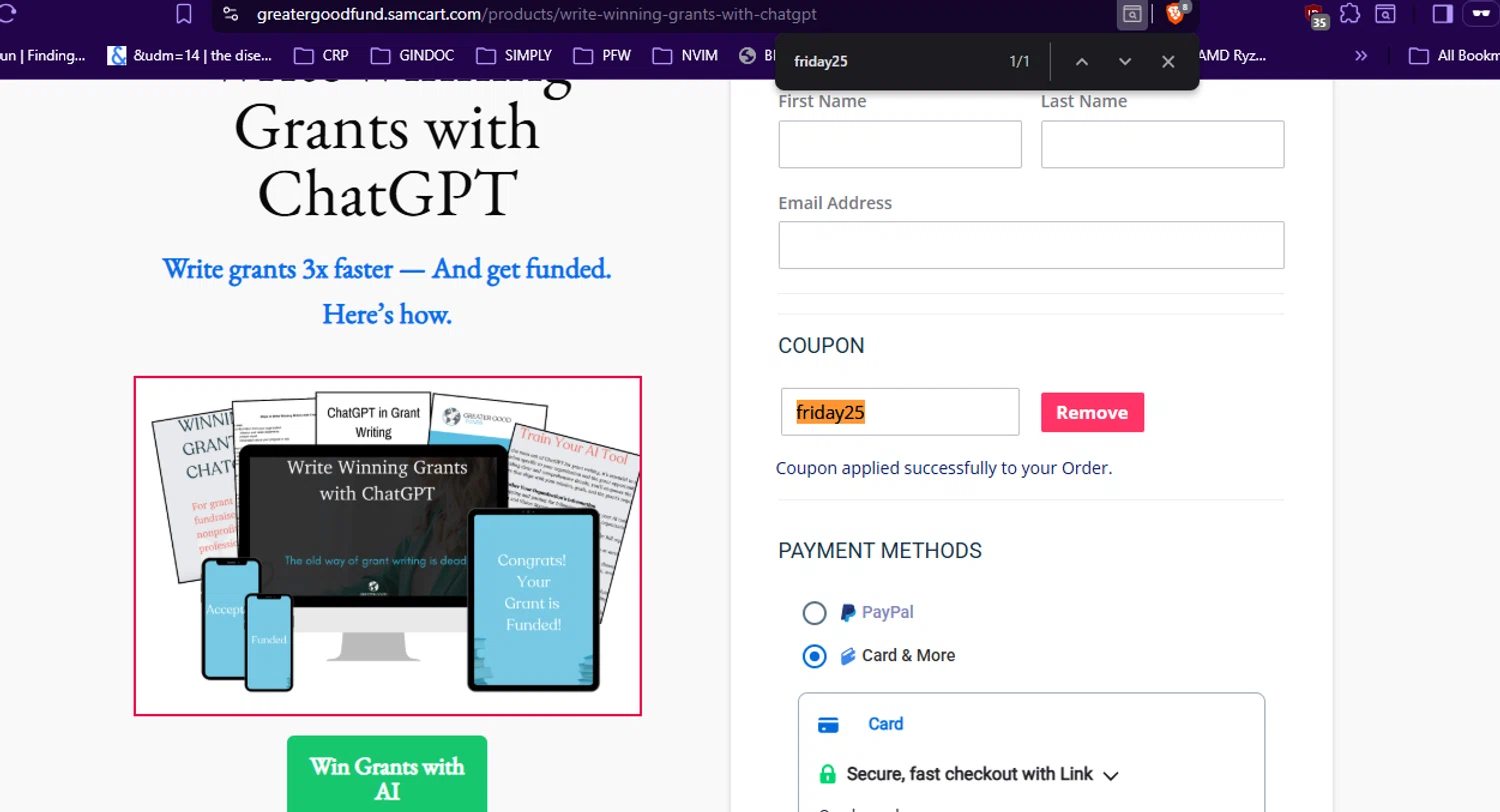 SamCart coupon code screenshot showing code friday25 applied at SamCart checkout page. Uploaded by SimplyCodes community member RickhiK on Nov 13, 2025
