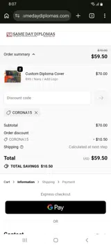 CORONA15 coupon verification screenshot