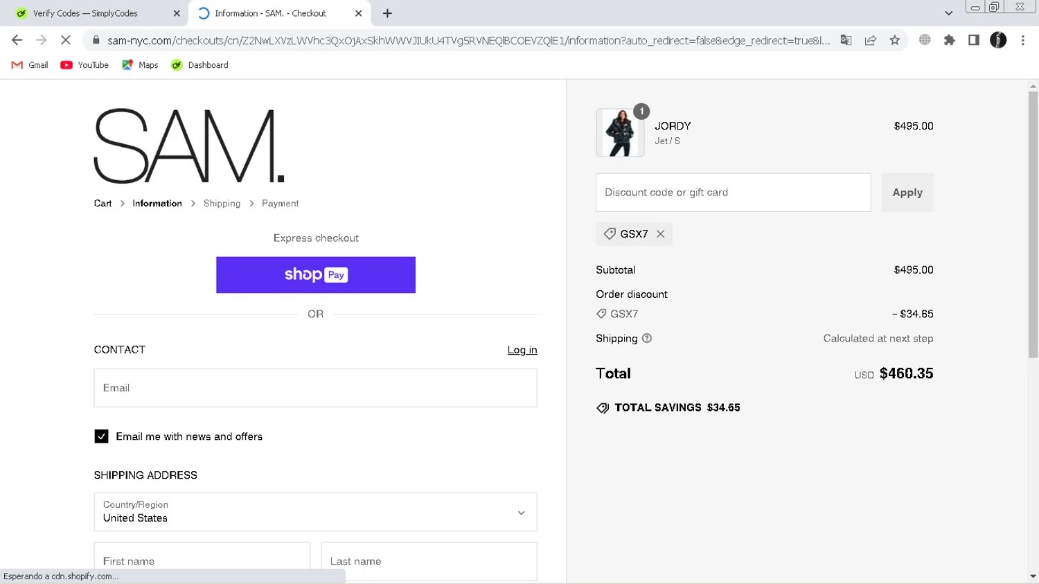 SAM NYC discount code screenshot showing code GSX7 applied at SAM NYC checkout page. Uploaded by SimplyCodes community member ChinoYugiXD on Jan 18, 2025