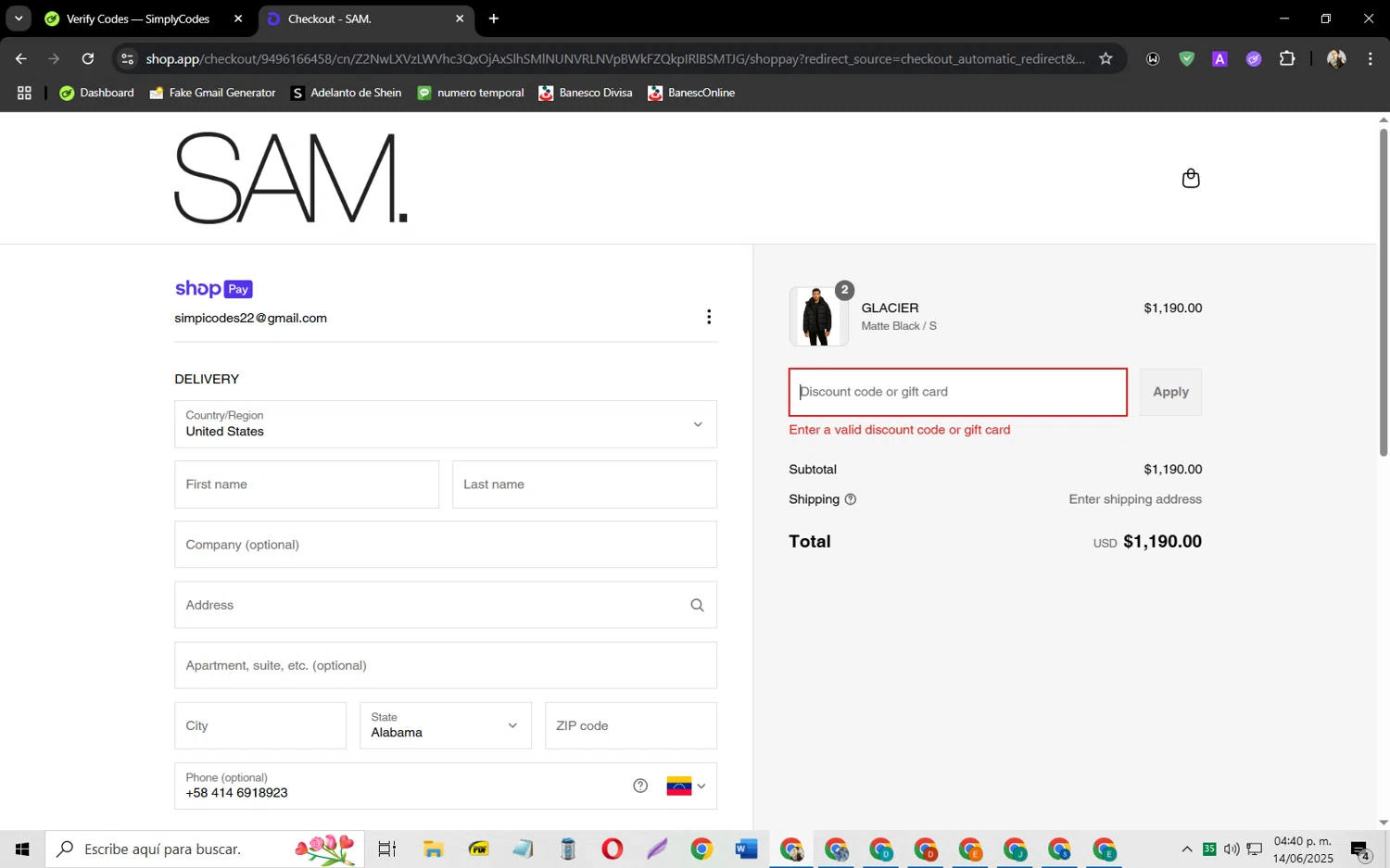 SAM NYC discount code screenshot showing code MDW25 applied at SAM NYC checkout page. Uploaded by SimplyCodes community member jeysosmoore on Jun 14, 2025