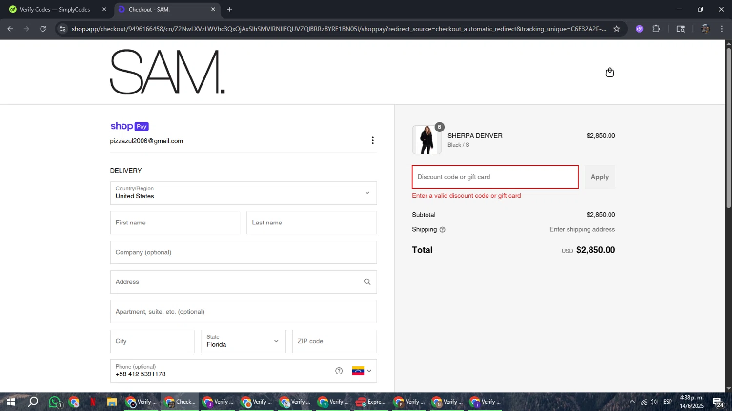 SAM NYC discount code screenshot showing code MDW25 applied at SAM NYC checkout page. Uploaded by SimplyCodes community member xxdddd on Jun 14, 2025