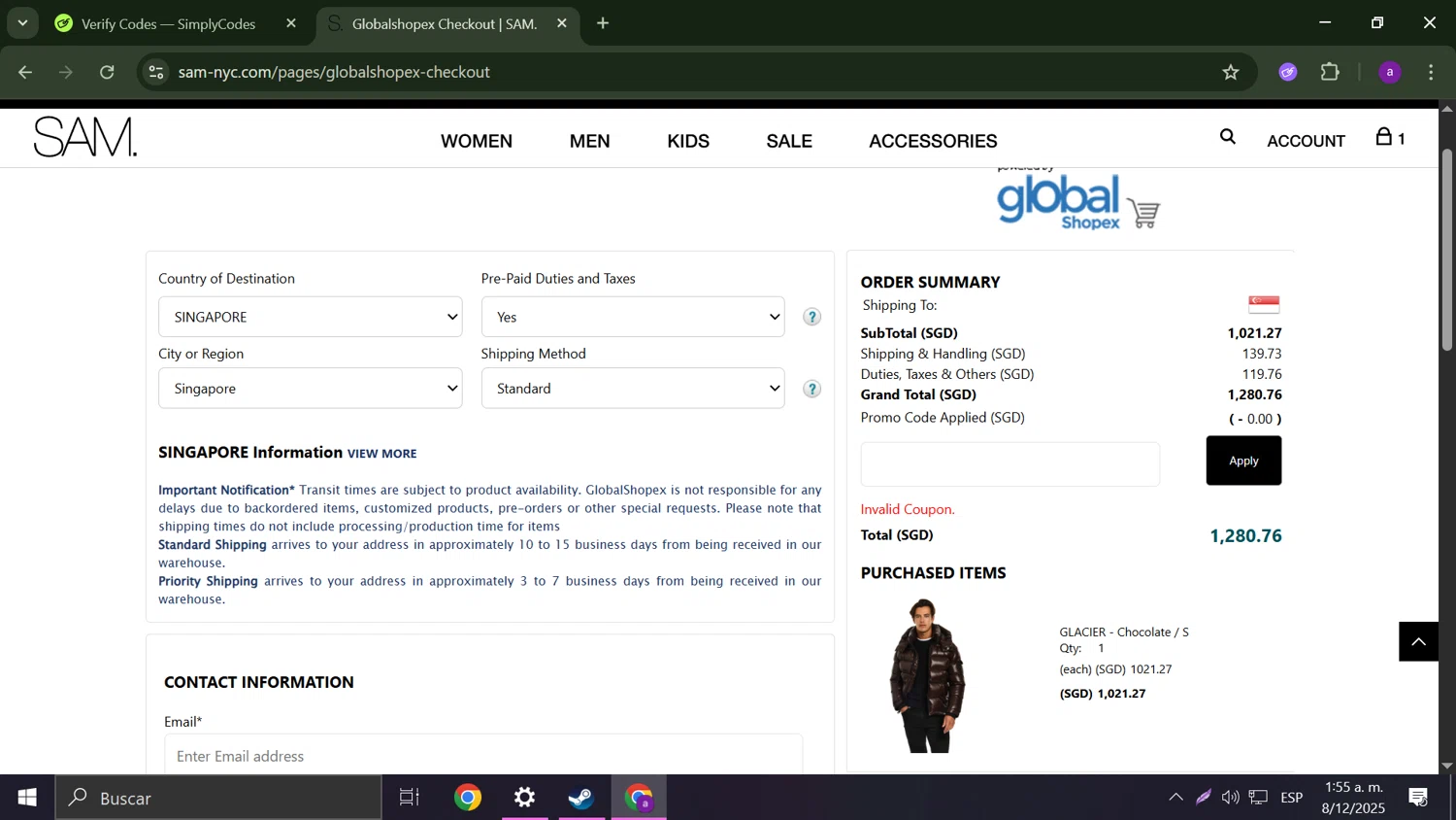 SAM NYC discount code screenshot showing code BFCM2025 applied at SAM NYC checkout page. Uploaded by SimplyCodes community member Anderson on Dec 8, 2025