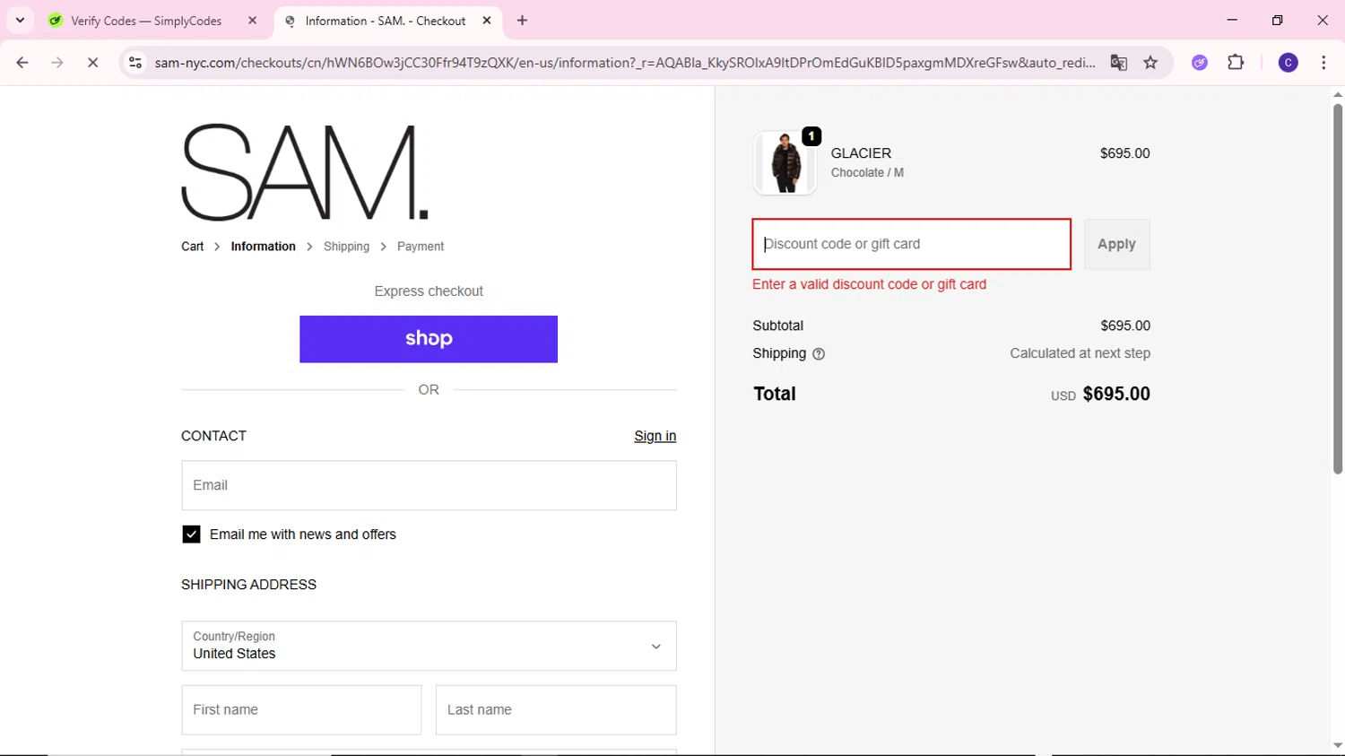 SAM NYC discount code screenshot showing code BFCM2025 applied at SAM NYC checkout page. Uploaded by SimplyCodes community member MoneyWizard2699 on Dec 8, 2025
