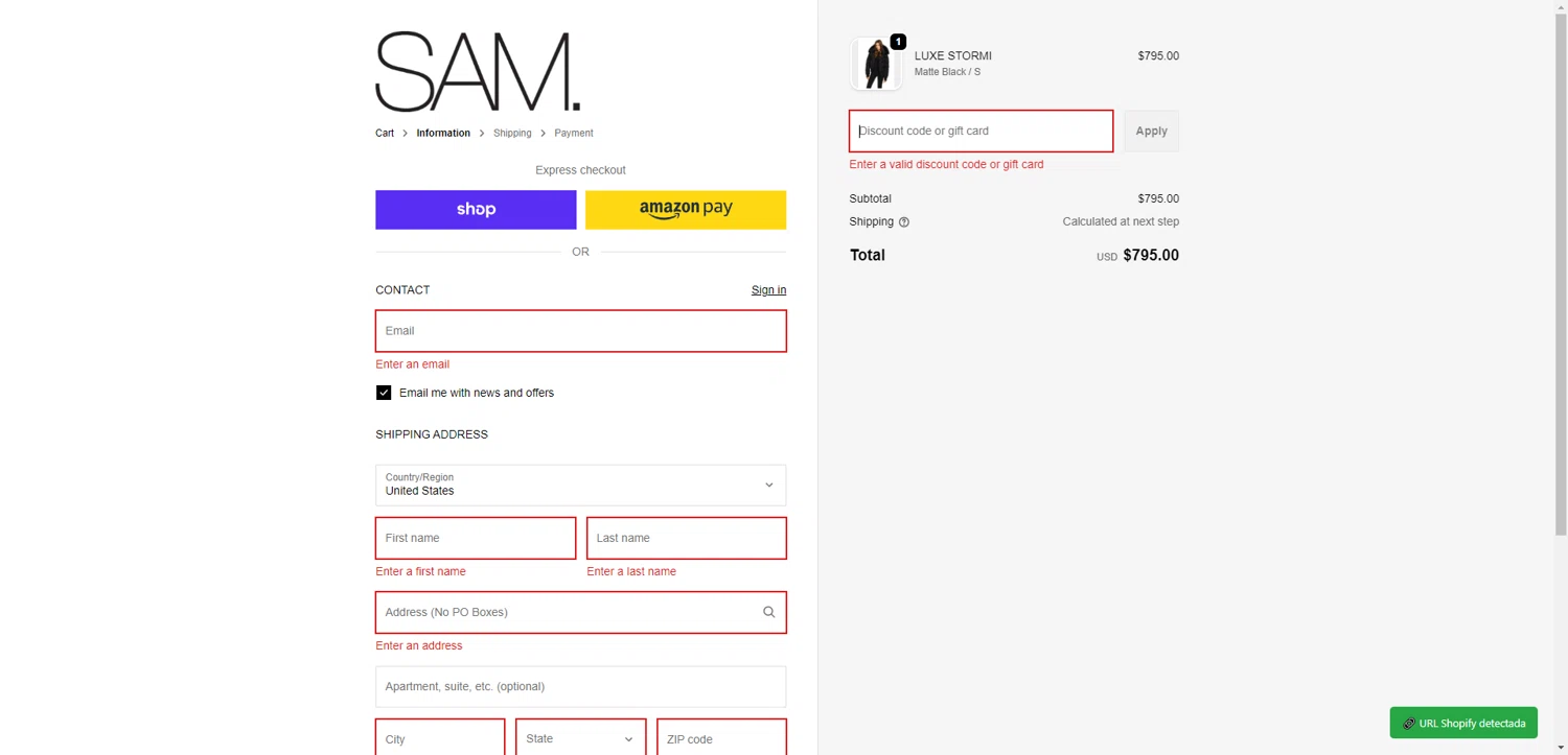 SAM NYC discount code screenshot showing code HOLIDAY25 applied at SAM NYC checkout page. Uploaded by SimplyCodes community member SilverPioneer1110 on Dec 21, 2025
