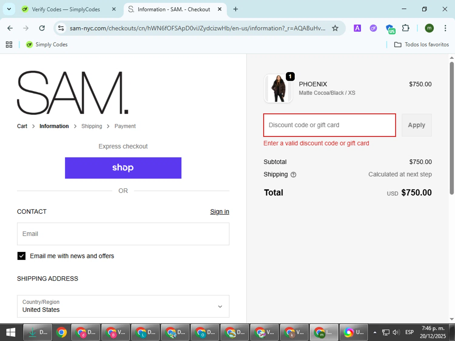 SAM NYC discount code screenshot showing code HOLIDAY25 applied at SAM NYC checkout page. Uploaded by SimplyCodes community member VoucherCollector9196 on Dec 20, 2025