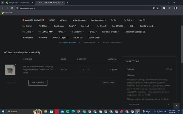 Samorga checkout page showing Samorga discount code box | Screenshot taken by SimplyCodes community member on Aug 3, 2024
