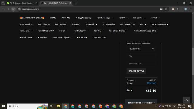 Samorga checkout page showing Samorga discount code box | Screenshot taken by SimplyCodes community member on Sep 4, 2024