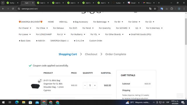 Samorga checkout page showing Samorga discount code box | Screenshot taken by SimplyCodes community member on Sep 4, 2024