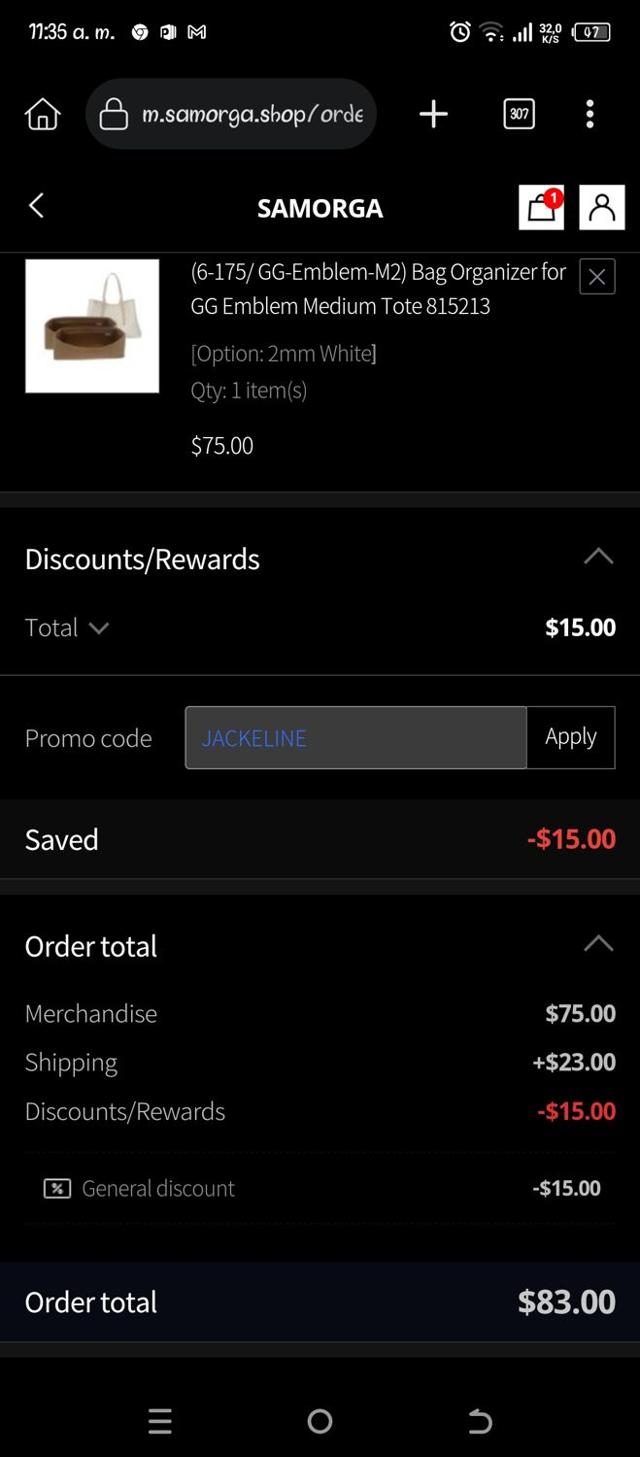 Samorga checkout page showing Samorga discount code box | Screenshot taken by SimplyCodes community member on Feb 27, 2025