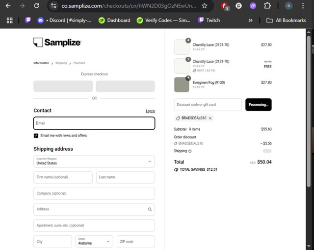 Samplize checkout page showing Samplize coupon code box | Screenshot taken by SimplyCodes community member on Aug 25, 2025