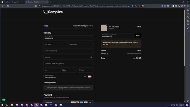 Samplize checkout page showing Samplize coupon code box | Screenshot taken by SimplyCodes community member on Sep 5, 2025