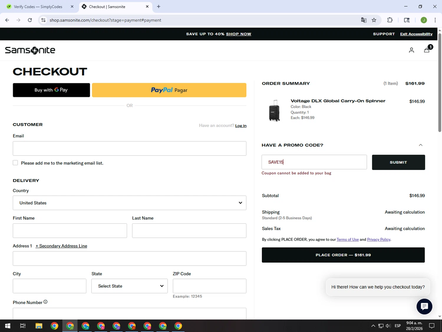 Samsonite promo code screenshot showing code SAVE15 applied at Samsonite checkout page. Uploaded by SimplyCodes community member MightyFinder1041 on Feb 28, 2026