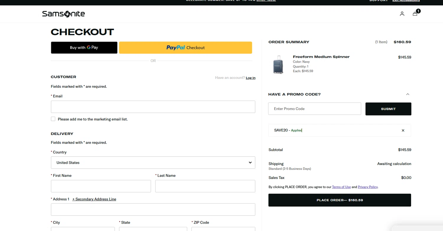 Samsonite promo code screenshot showing code SAVE20 applied at Samsonite checkout page. Uploaded by SimplyCodes community member VictoriousCaptain3902 on Jun 19, 2026