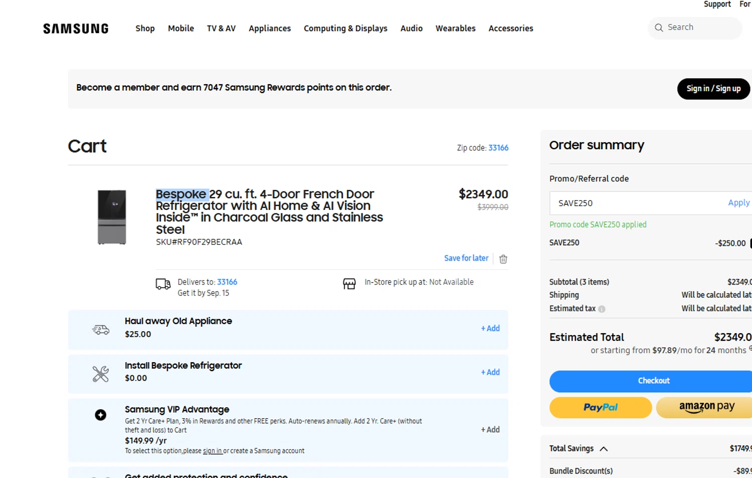 Samsung promo code screenshot showing code SAVE250 applied at Samsung checkout page. Uploaded by SimplyCodes community member ______ on Aug 27, 2025