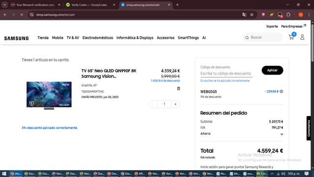 Samsung checkout page showing Samsung promo code box | Screenshot taken by SimplyCodes community member on Jun 18, 2025