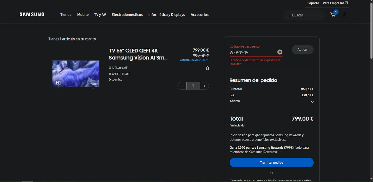 Samsung promo code screenshot showing code WEBGSG5 applied at Samsung checkout page. Uploaded by SimplyCodes community member Nor_man on Jul 18, 2025