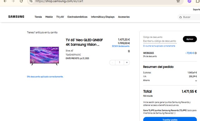 Samsung checkout page showing Samsung promo code box | Screenshot taken by SimplyCodes community member on Jul 6, 2025