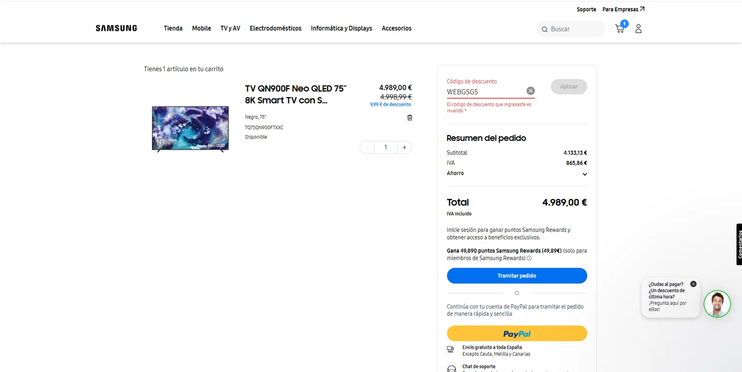 Samsung promo code screenshot showing code WEBGSG5 applied at Samsung checkout page. Uploaded by SimplyCodes community member suppahdealz on Jul 18, 2025