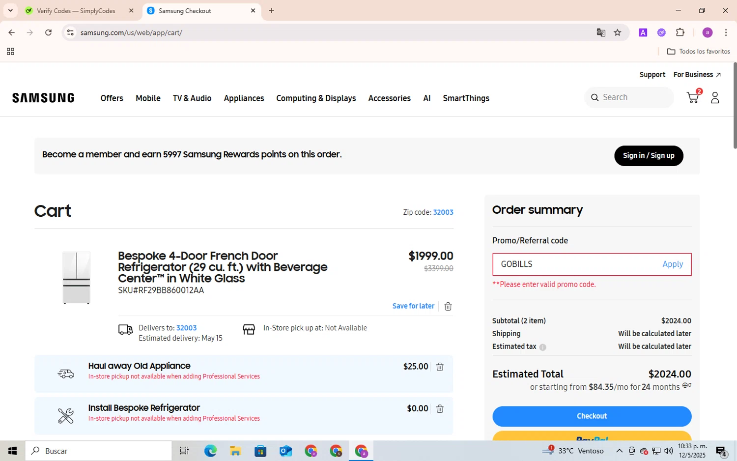 Samsung promo code screenshot showing code GOBILLS applied at Samsung checkout page. Uploaded by SimplyCodes community member Andygar on May 12, 2025