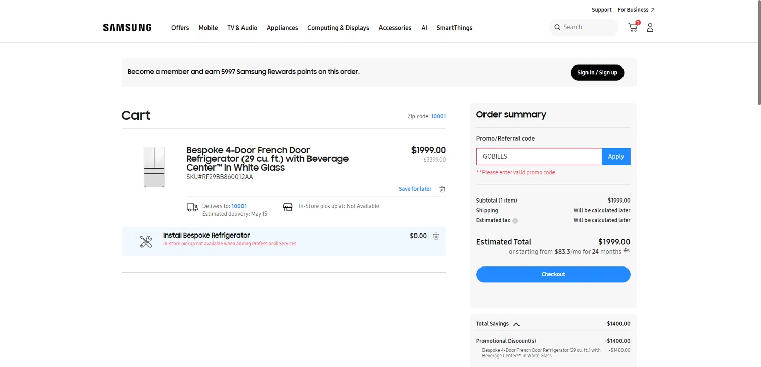 Samsung promo code screenshot showing code GOBILLS applied at Samsung checkout page. Uploaded by SimplyCodes community member CashBoss2418 on May 12, 2025