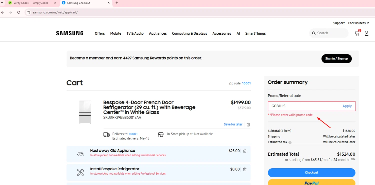 Samsung promo code screenshot showing code GOBILLS applied at Samsung checkout page. Uploaded by SimplyCodes community member CoinSage1043 on May 12, 2025